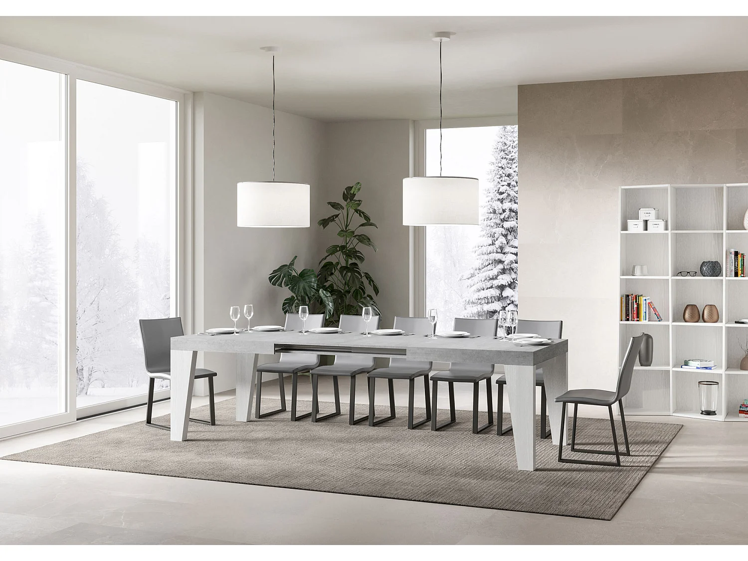 Table extensible 90x180/284 cm Naxy Mix dessus Gris Béton pieds Frêne Blanc