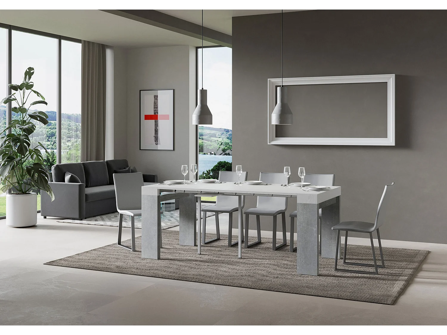 Console extensible 90x40/196 cm Roxell Mix Small dessus frêne blanc - structure gris béton