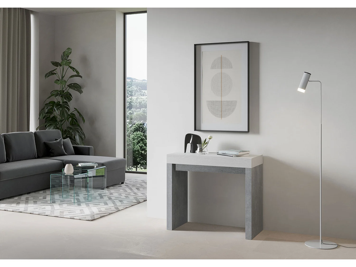 Uitschuifbare sidetable 90x40/196 cm Roxell Mix Small blad eiken wit - ondersteuning cement