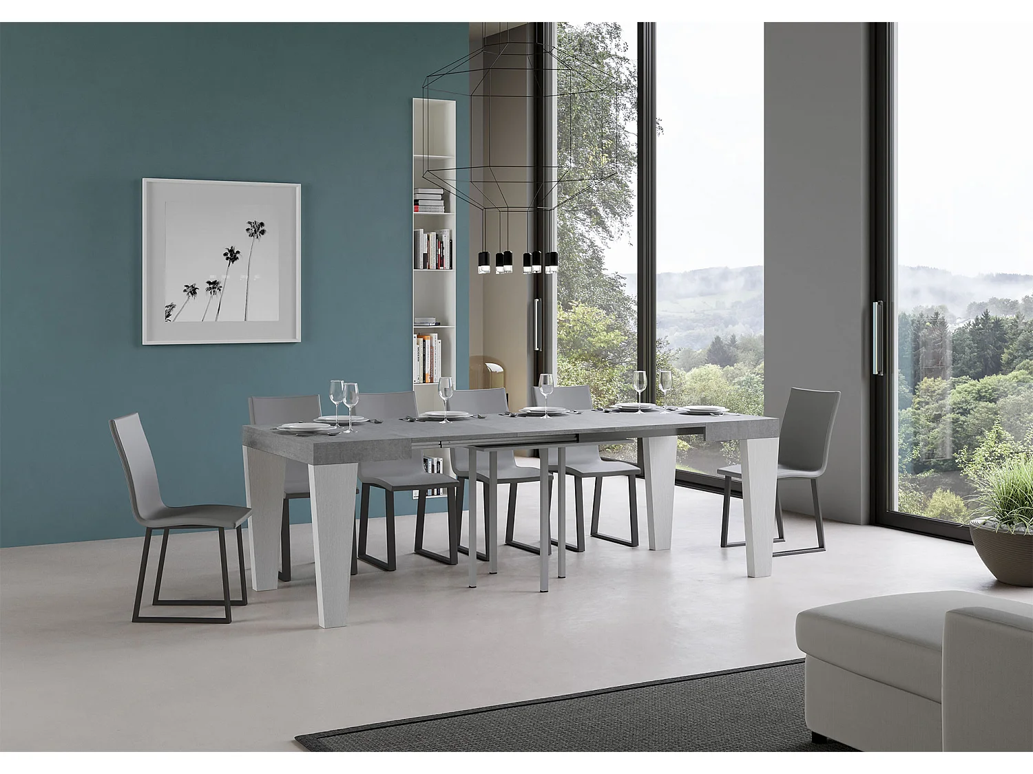 Stół rozkładany 90x90/246 cm Blat cementowy Spimbo Mix - Nogi z białego jesionu