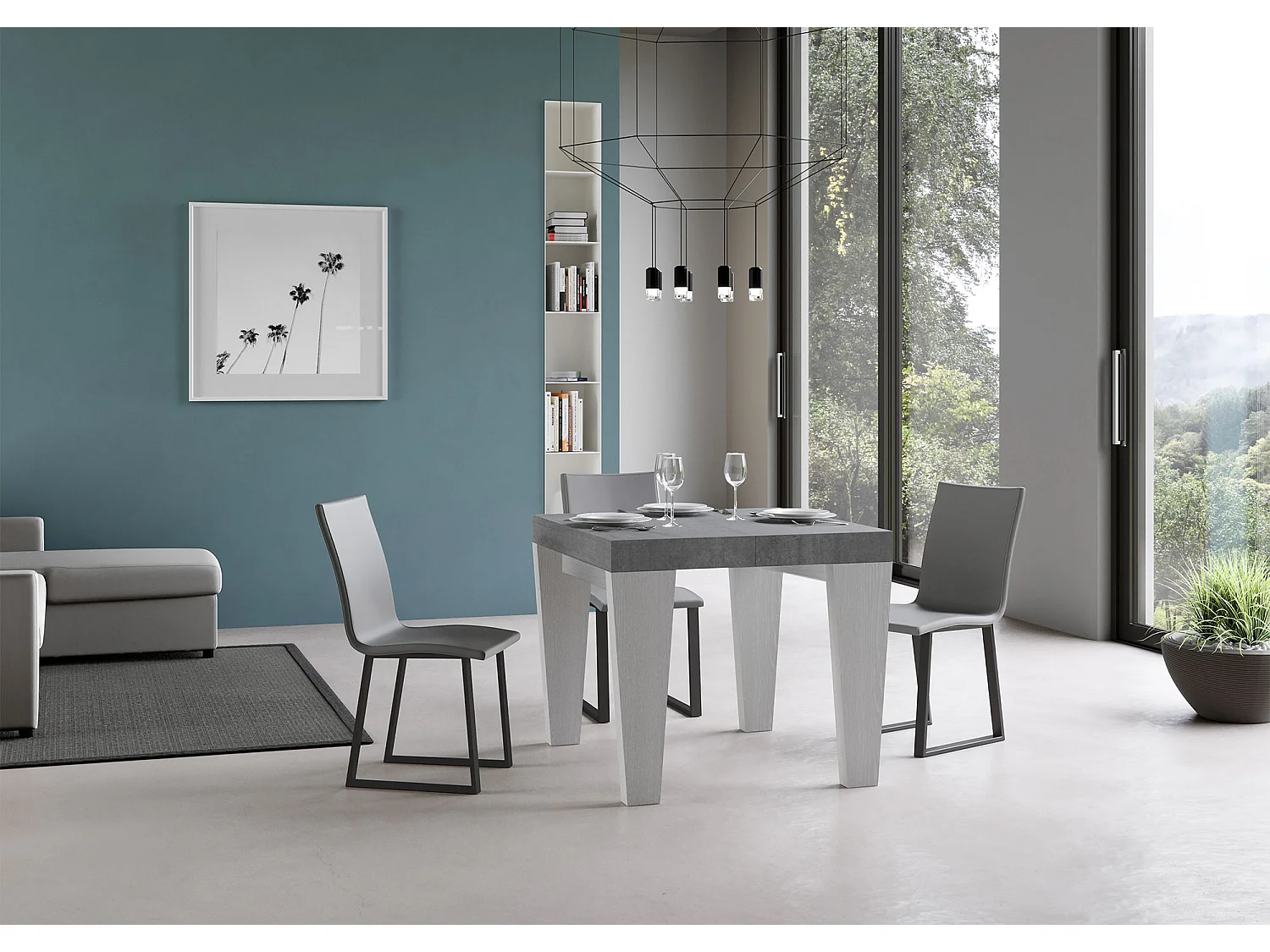 Stół rozkładany 90x90/246 cm Blat cementowy Spimbo Mix - Nogi z białego jesionu