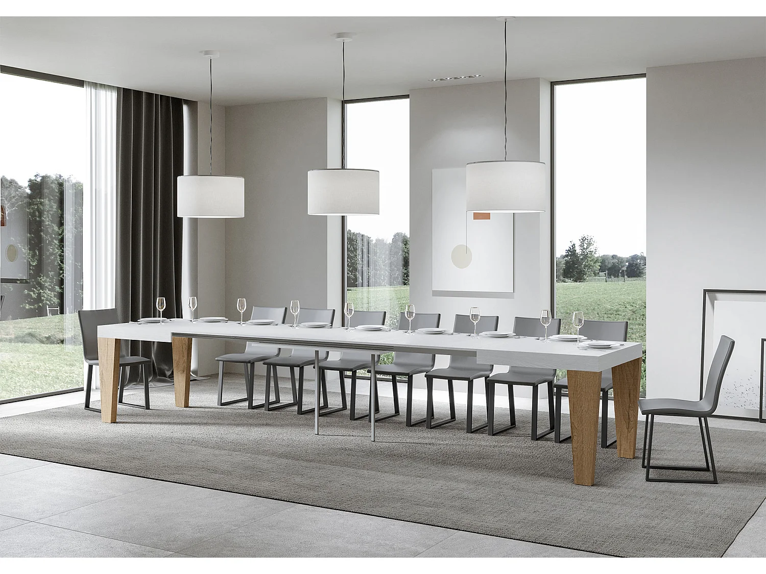 Mesa extensible blanca y patas roble natural 6 a 20 plazas Kristo 180 a 440 cm-Soporte 2 pies