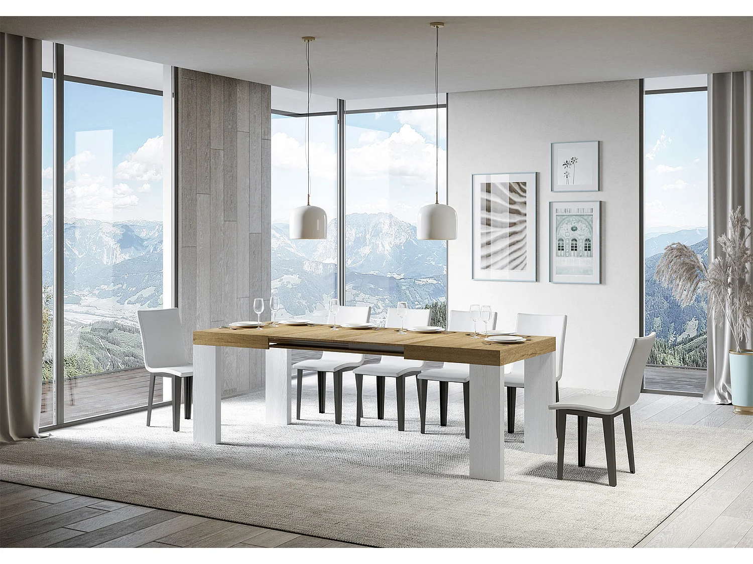 Tavolo allungabile 90x130/234 cm Roxell Mix piano Quercia Natura - gambe Bianco Frassino