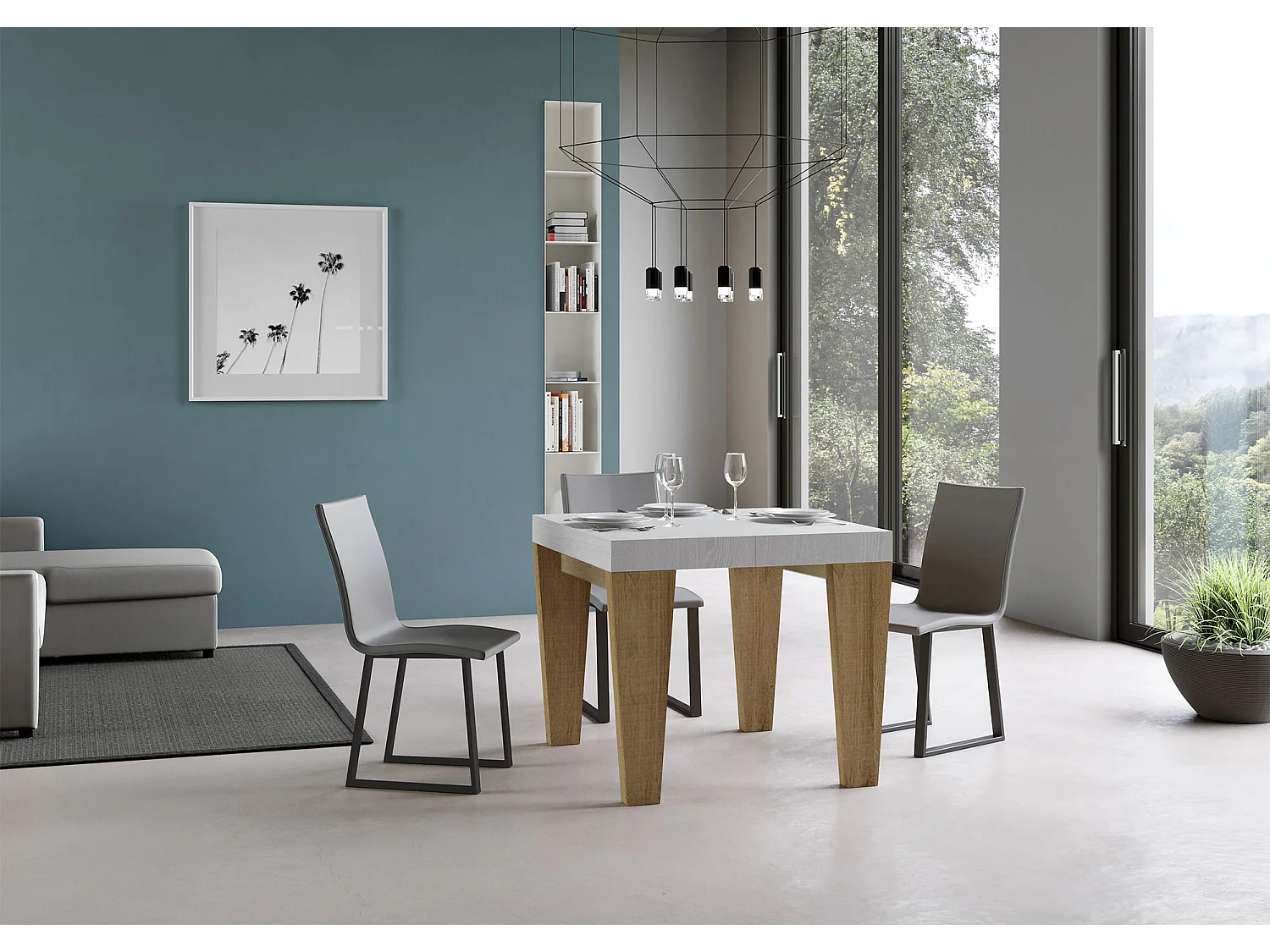 Stół rozkładany 90x90/246 cm Spimbo Mix Blat z jesionu białego - Nogi z naturalnego dębu