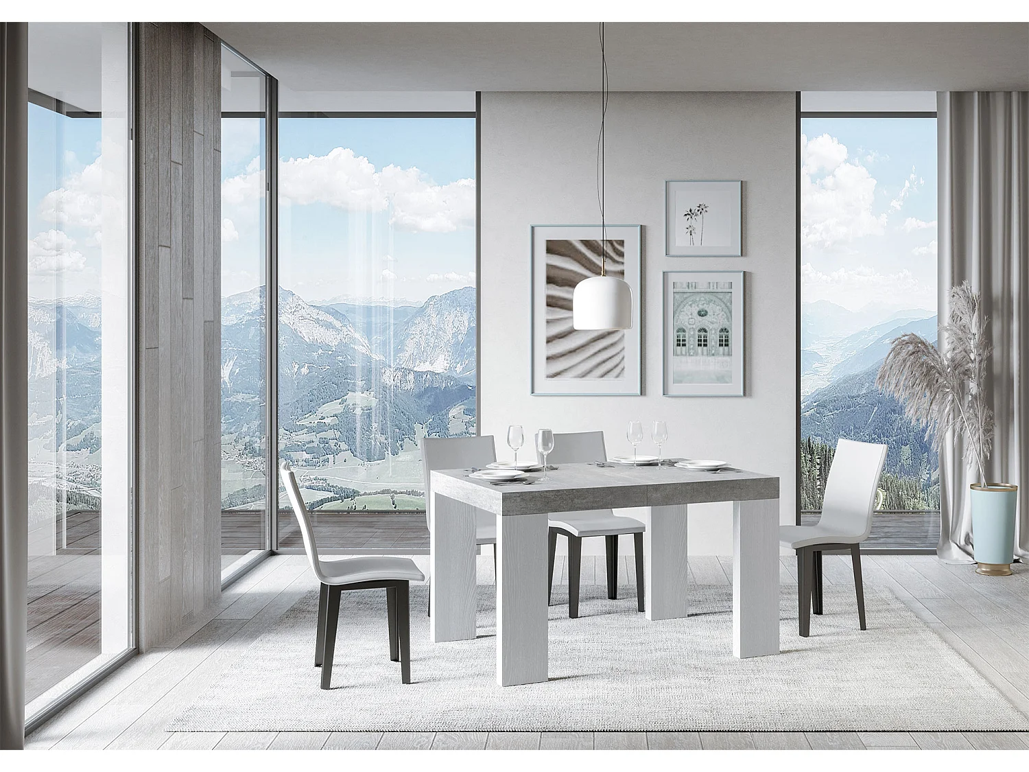 Table extensible 90x130/234 cm Roxell Mix dessus Gris Béton pieds Frêne Blanc