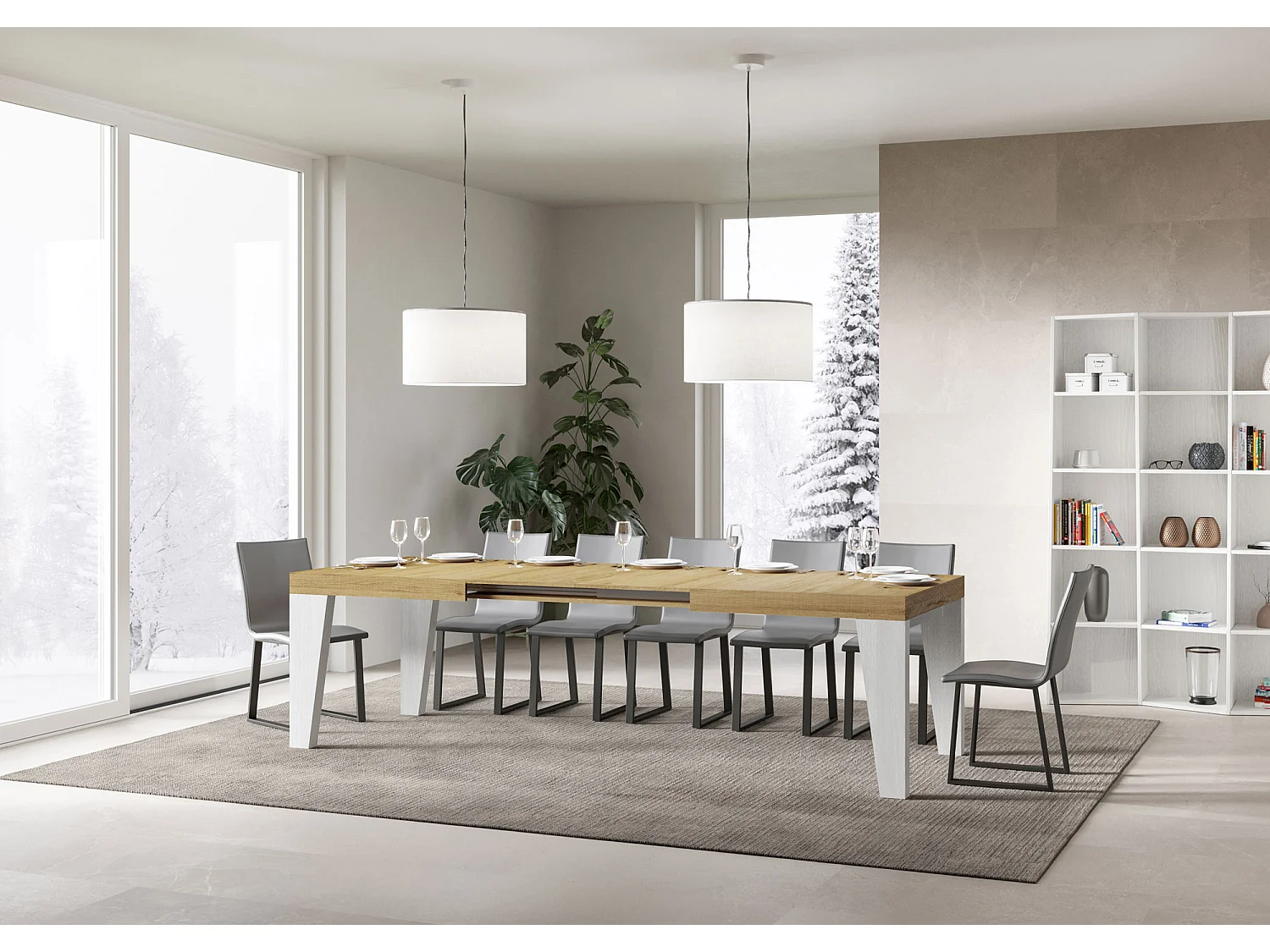 Stół rozkładany 90x160/264 cm Blat Naxy Mix Natural Dąb - Nogi Jesion Biały