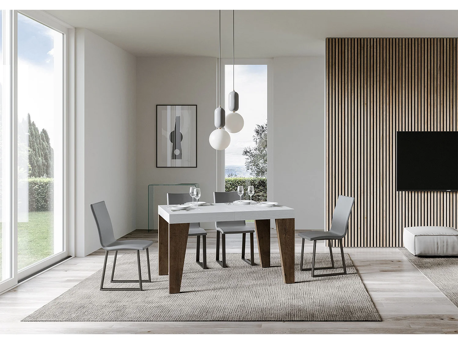 Mesa de jantar extensível 90x130/390 cm Naxy Mix plano Cinza Branca - pernas Nogueira
