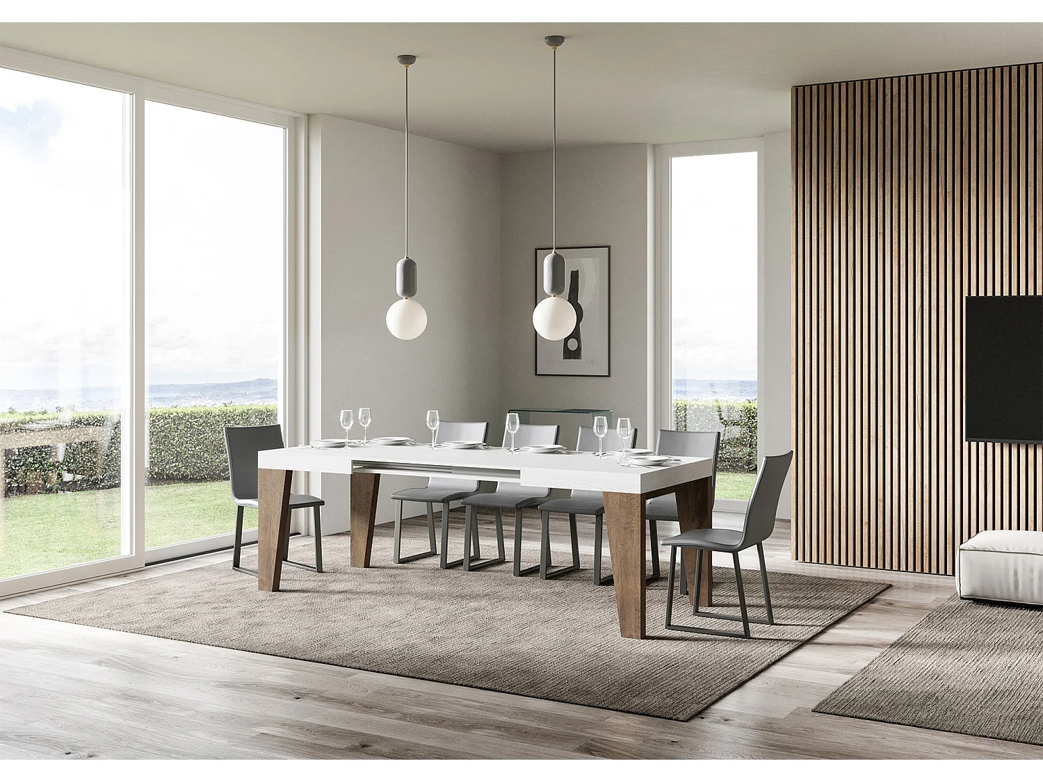 Mesa de jantar extensível 90x130/390 cm Naxy Mix plano Cinza Branca - pernas Nogueira