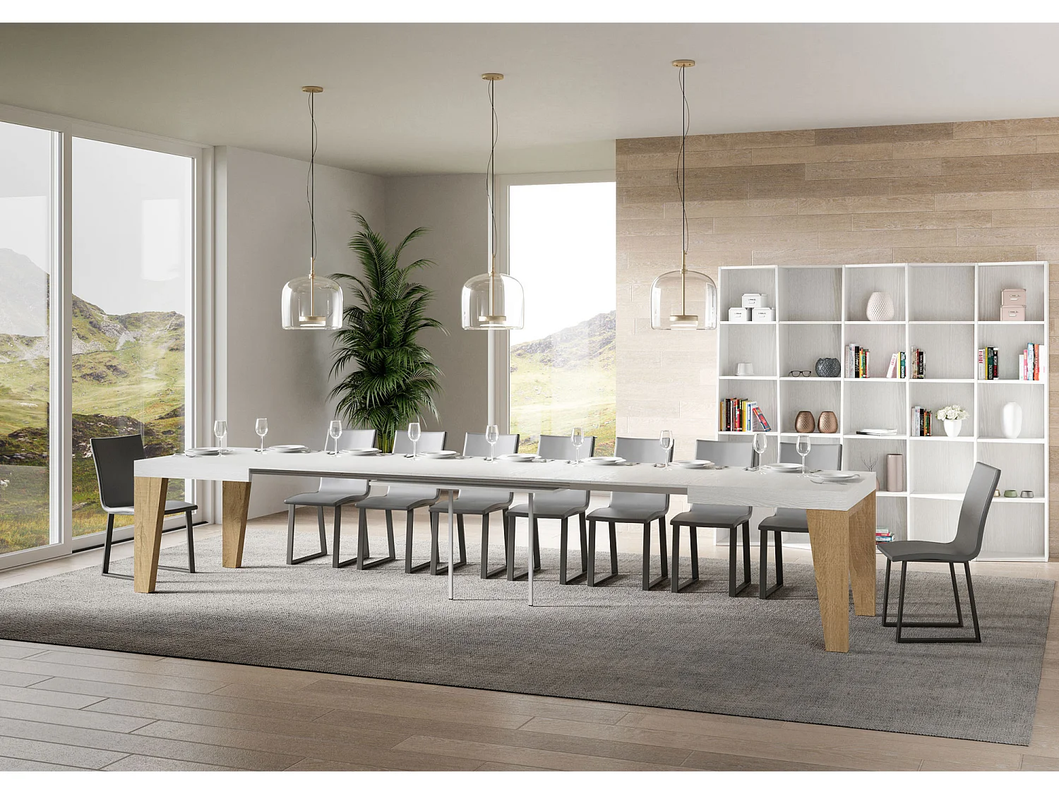 Tavolo allungabile 90x130/390 cm Naxy Mix piano Bianco Frassino - gambe Quercia Natura