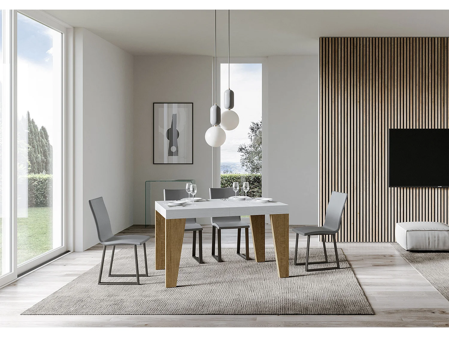 Tavolo allungabile 90x130/390 cm Naxy Mix piano Bianco Frassino - gambe Quercia Natura