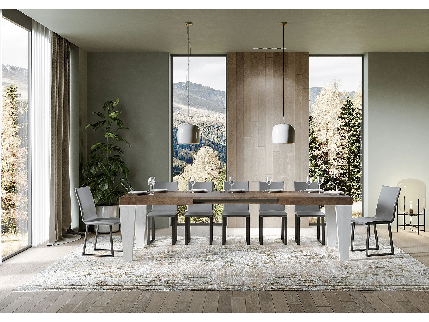 Table extensible 90x180/284 cm Spimbo Mix dessus Noyer pieds Frêne Blanc