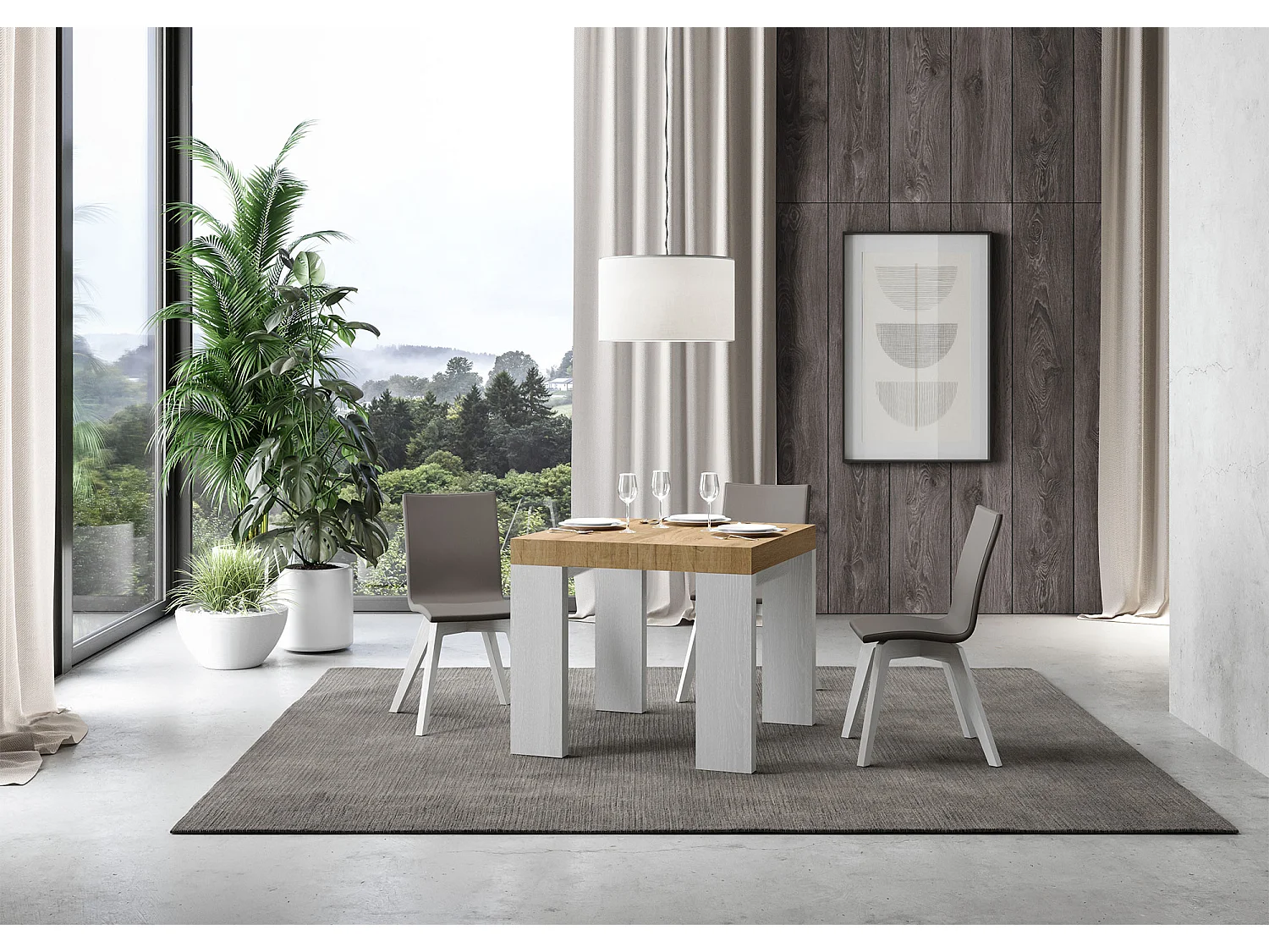 Table extensible 90x90/246 cm Roxell Mix dessus Chêne Nature pieds Frêne Blanc