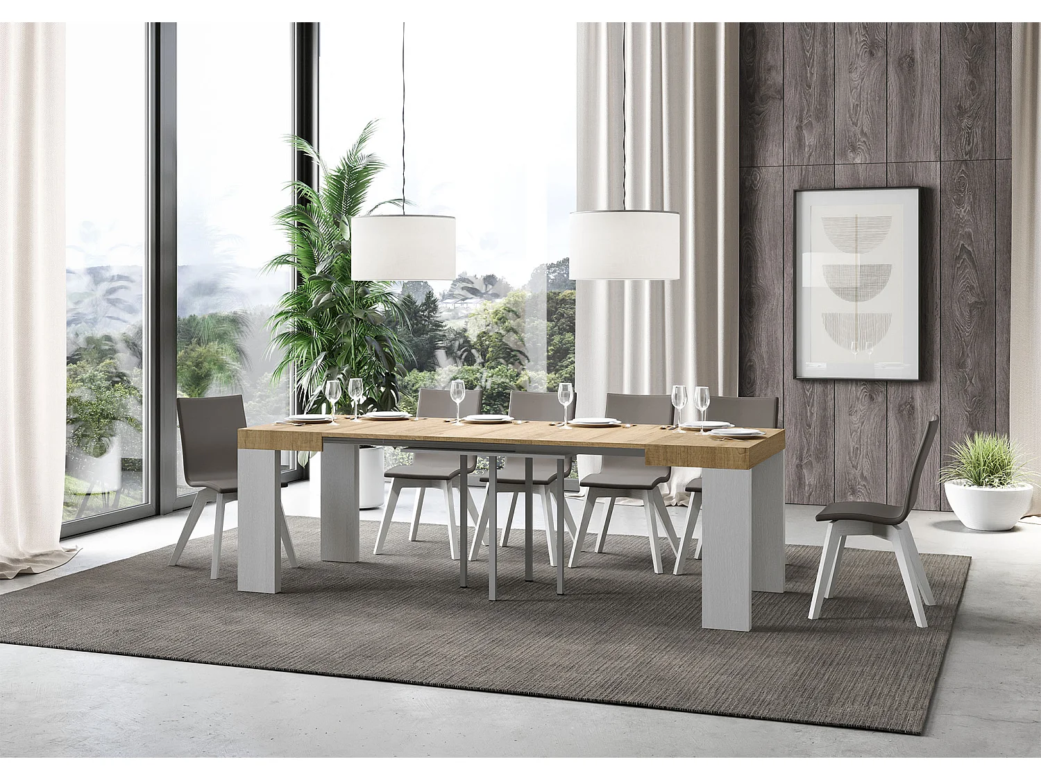 Table extensible 90x90/246 cm Roxell Mix dessus Chêne Nature pieds Frêne Blanc