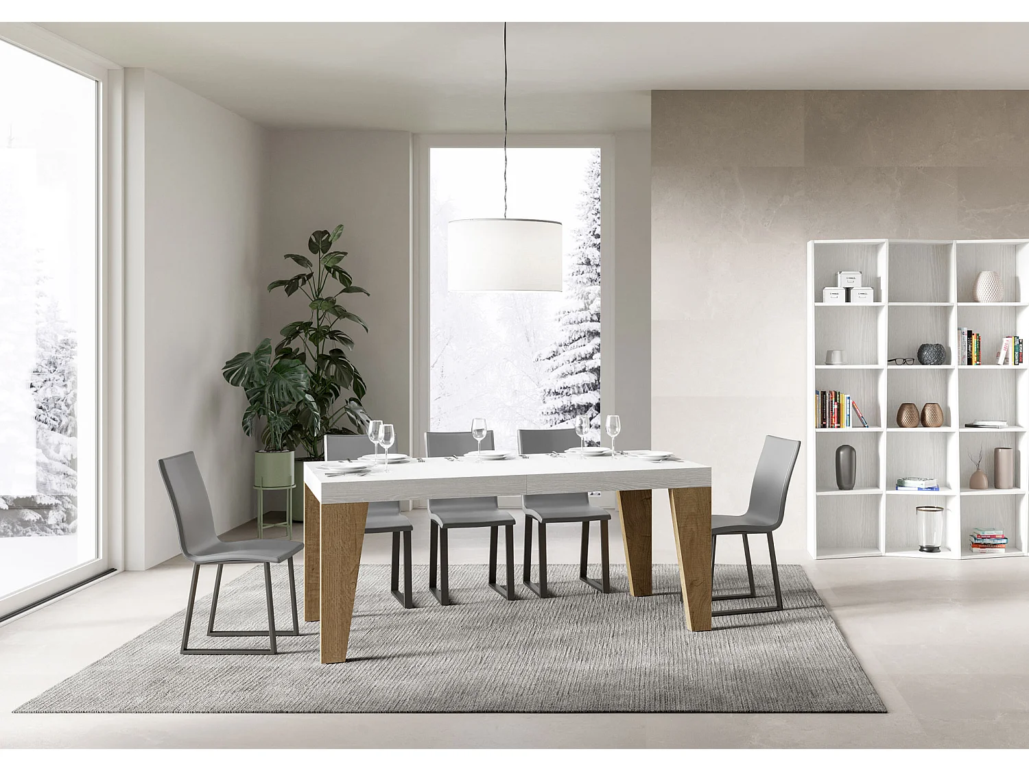Mesa extensible 90x160/420 cm Naxy Mix Tapa Fresno Blanco - Patas Roble Nature