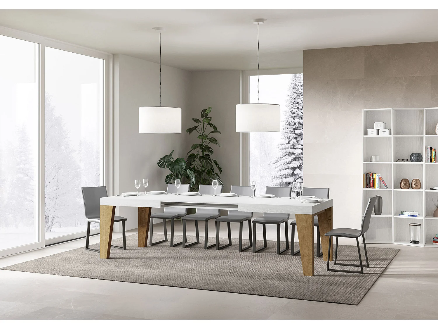 Tavolo allungabile 90x160/420 cm Naxy Mix piano Bianco Frassino - gambe Quercia Natura