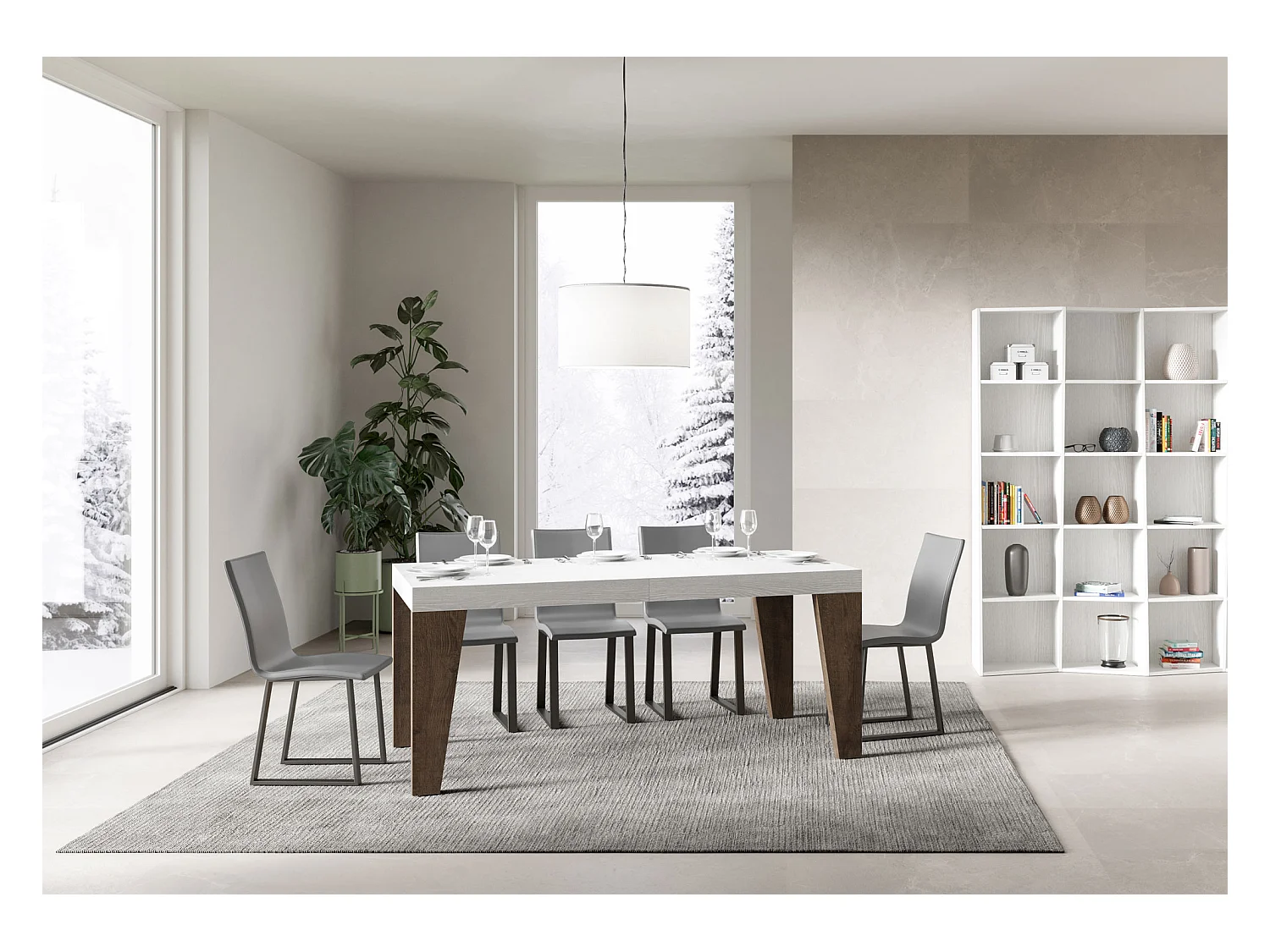 Ausziehbarer Tisch 90 x 160/264 cm, Naxy Mix-Platte aus weißer Esche – Beine aus Walnussholz