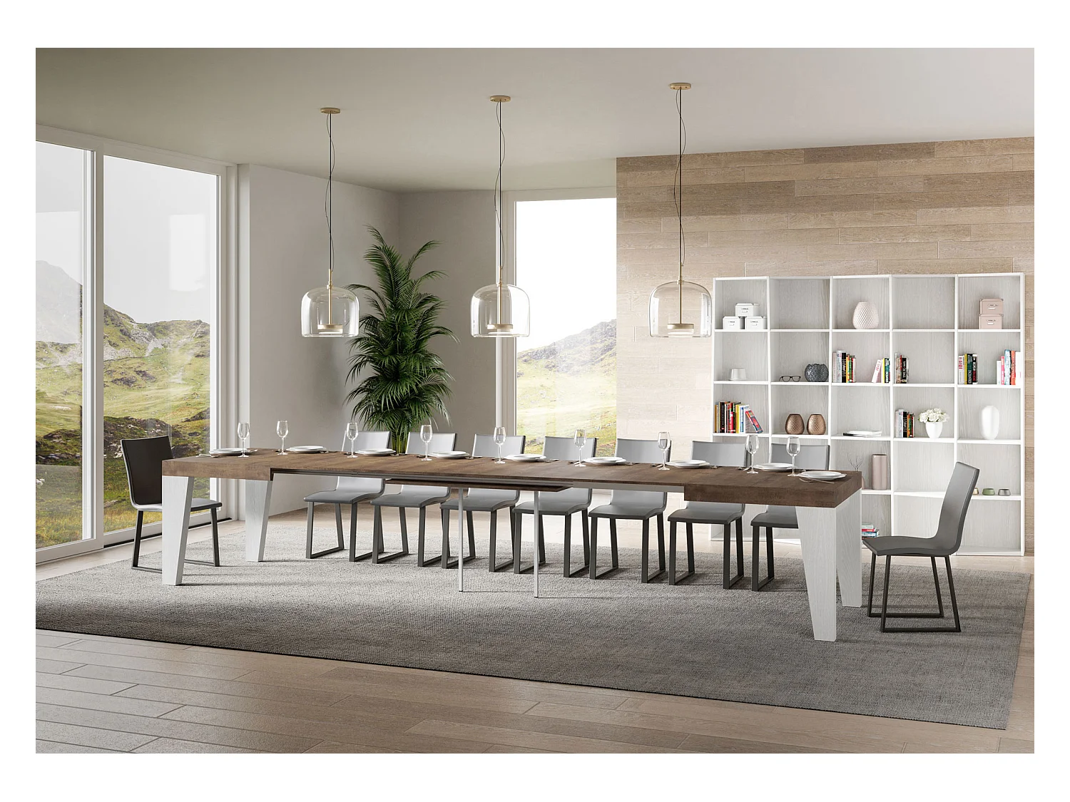 Table extensible 90x180/440 cm Naxy Mix dessus Noyer pieds Frêne Blanc