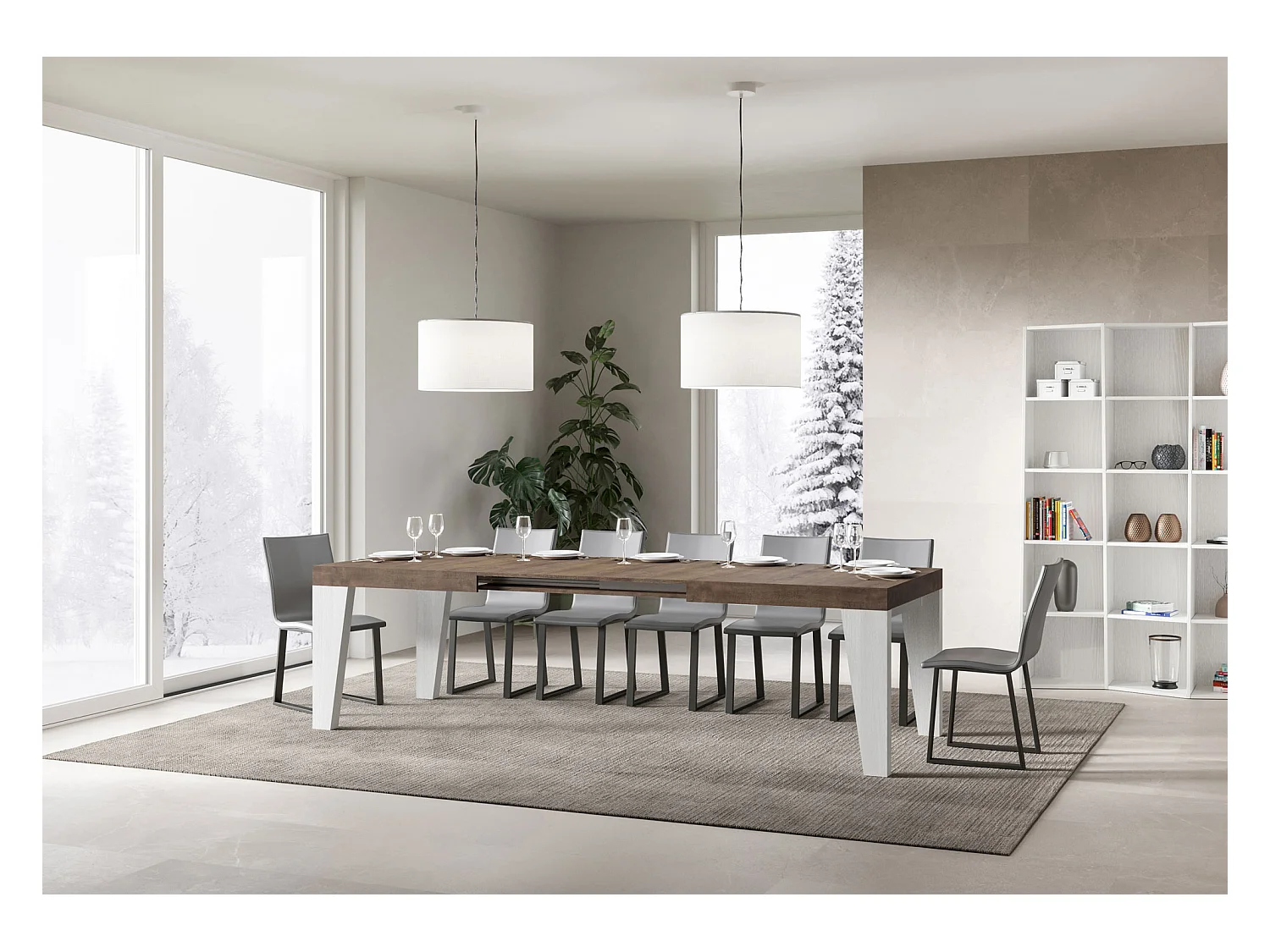 Stół rozkładany 90x180/440 cm Blat Naxy Mix z orzecha włoskiego - Nogi z białego jesionu