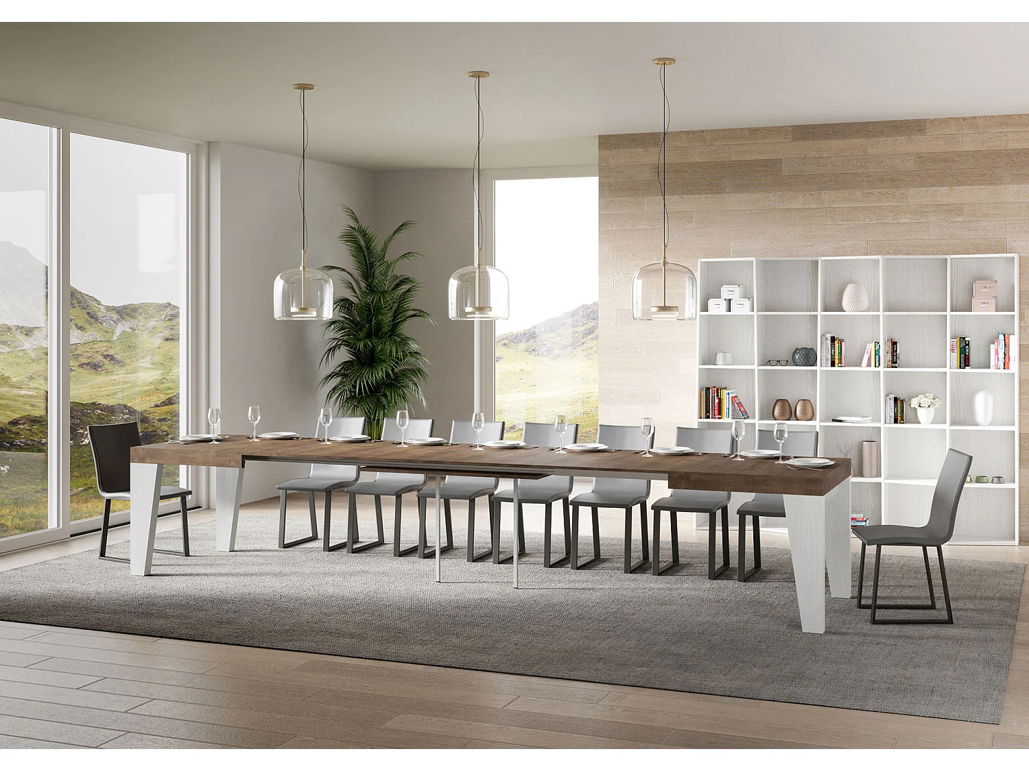 Table extensible 90x180/440 cm Naxy Mix dessus Noyer pieds Frêne Blanc