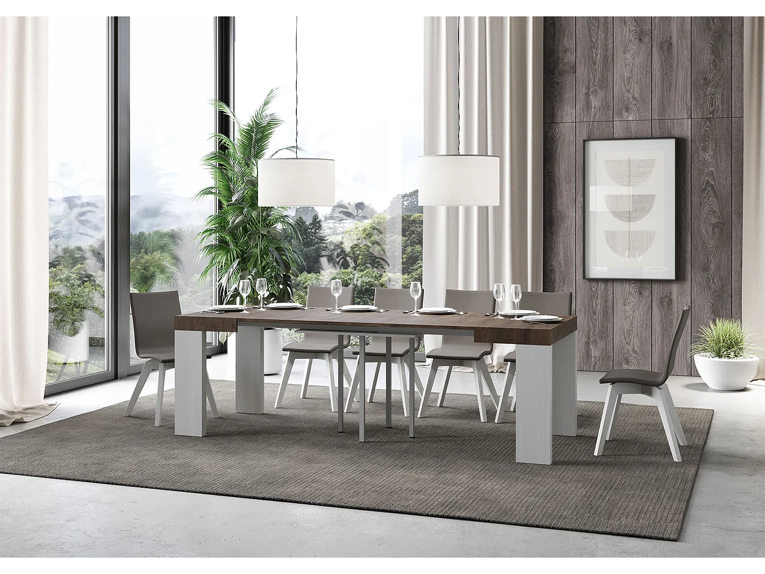 Table extensible 90x90/246 cm Roxell Mix dessus Noyer pieds Frêne Blanc
