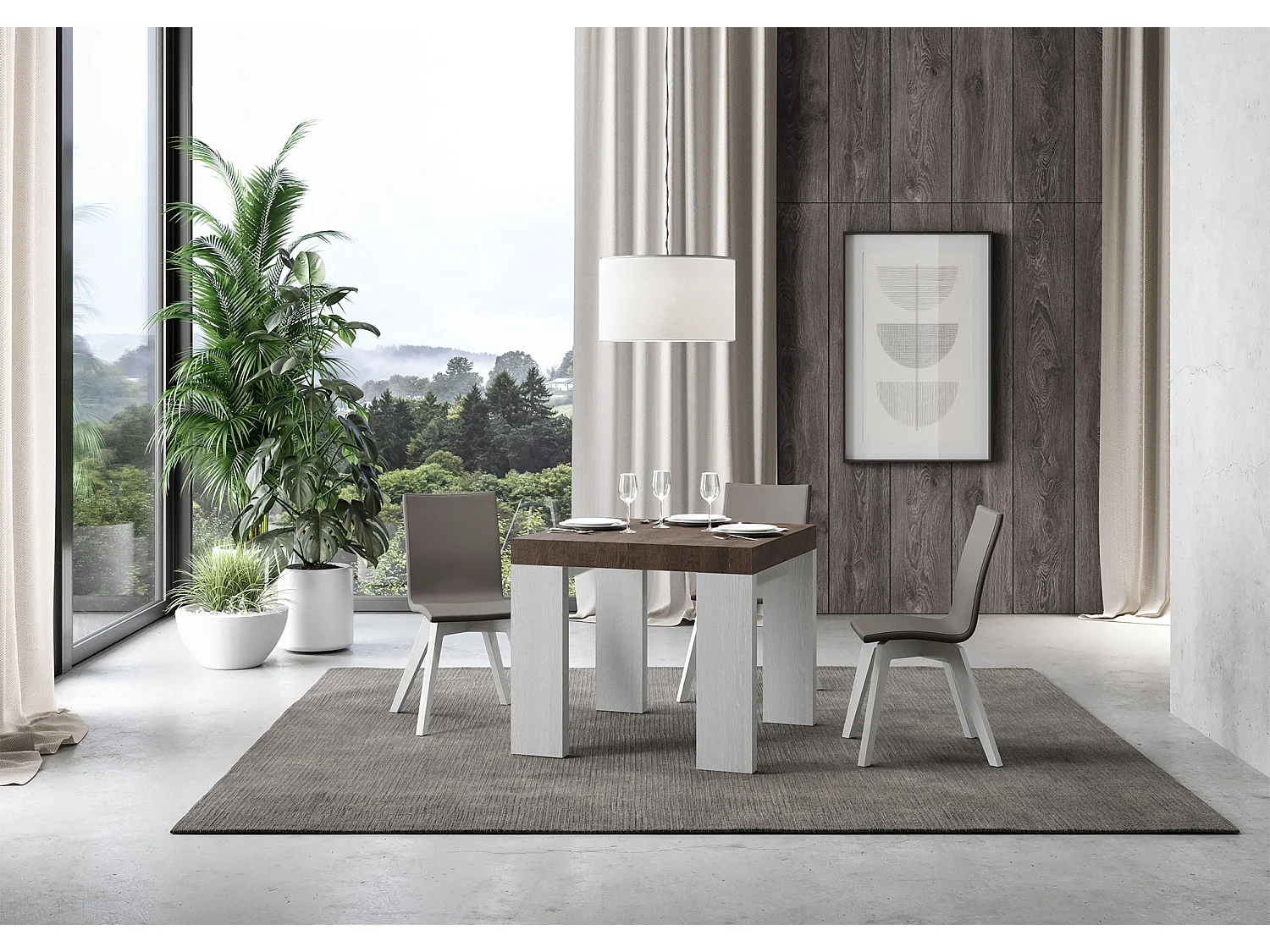 Table extensible 90x90/246 cm Roxell Mix dessus Noyer pieds Frêne Blanc