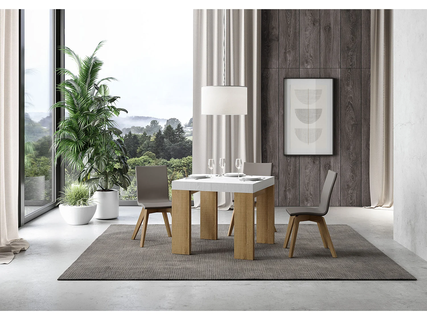 Stół rozkładany 90x90/246 cm Roxell Mix Biały jesionowy blat - Nogi z naturalnego dębu