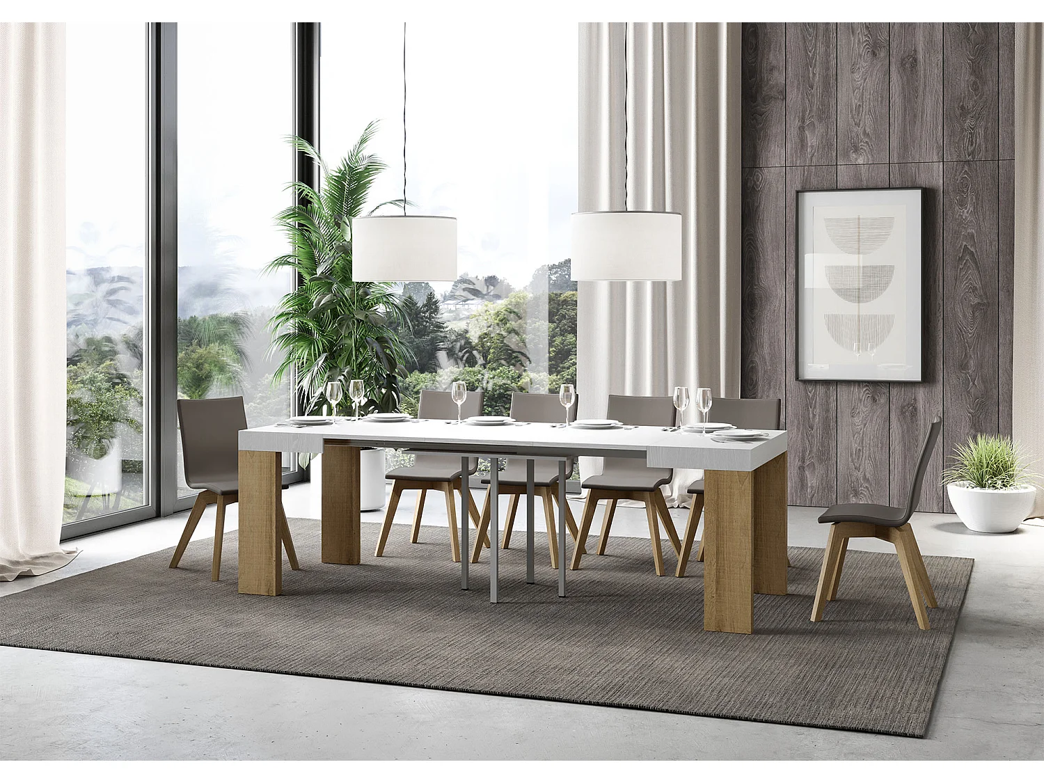 Stół rozkładany 90x90/246 cm Roxell Mix Biały jesionowy blat - Nogi z naturalnego dębu