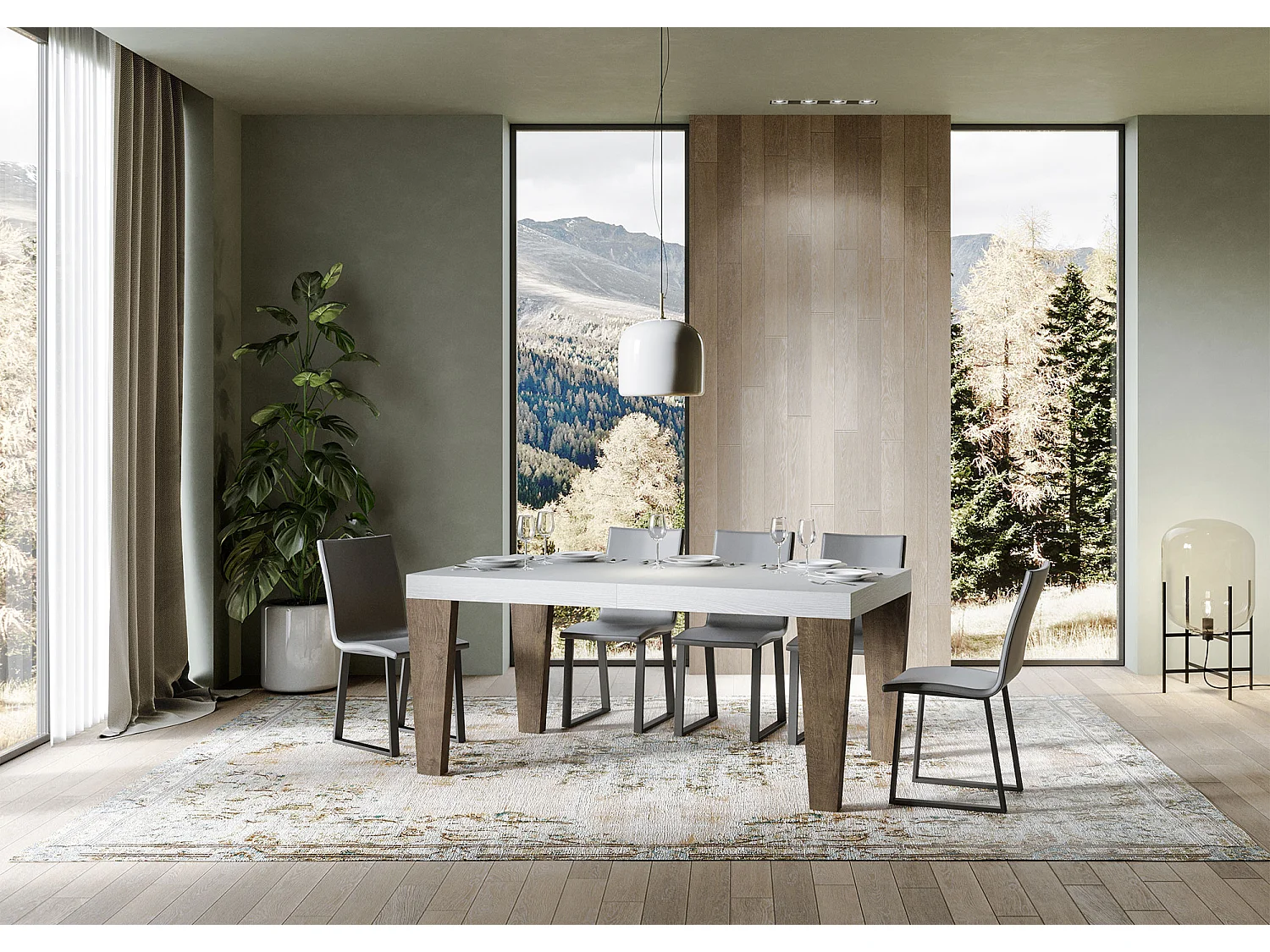 Table extensible 90x180/284 cm Spimbo Mix dessus Frêne Blanc pieds Noyer