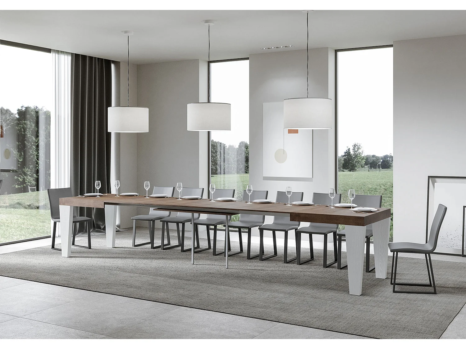 Table extensible 90x130/390 cm Spimbo Mix dessus Noyer pieds Frêne Blanc