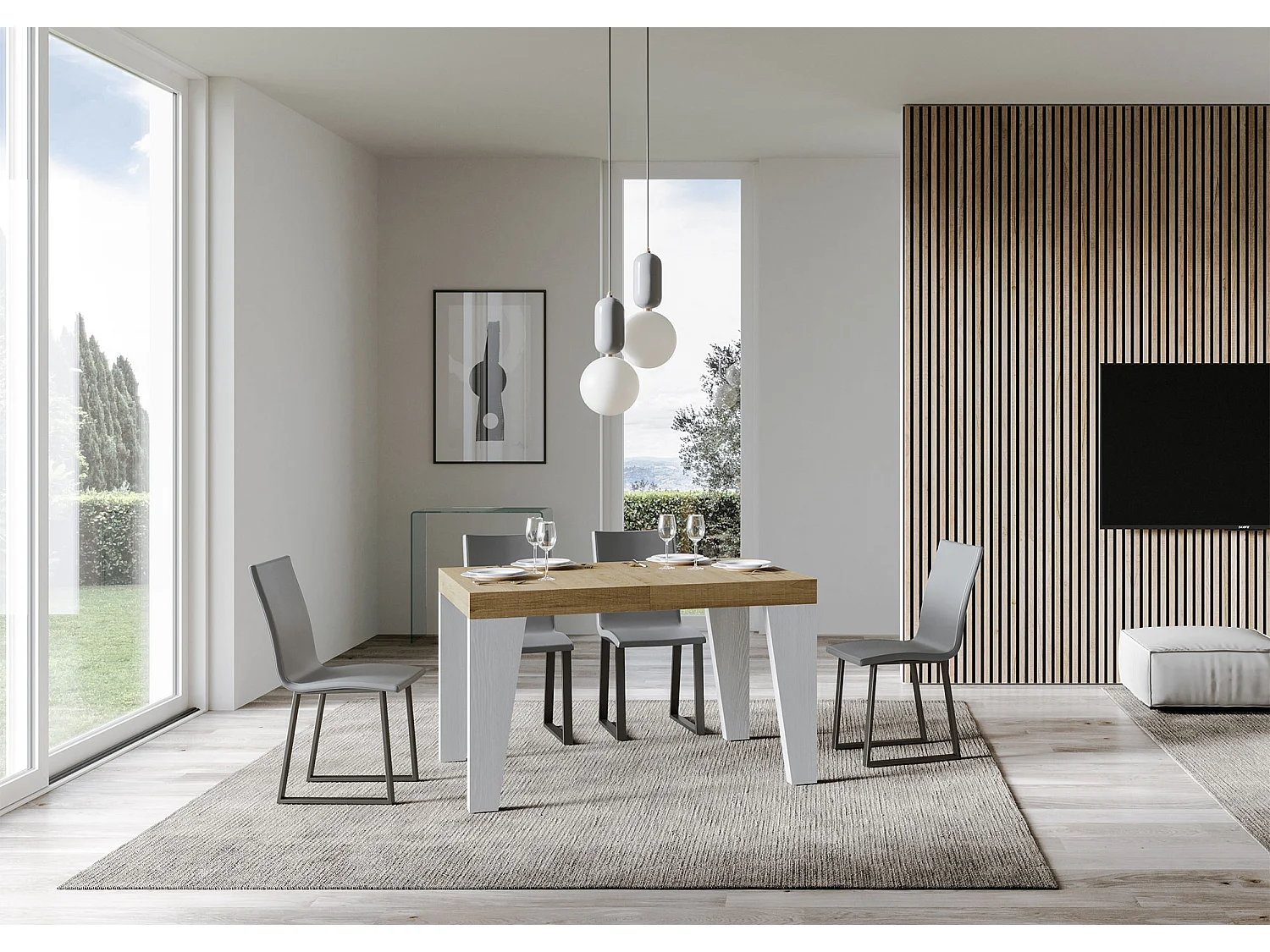 Stół rozkładany 90x130/390 cm Blat Naxy Mix Natural Dąb - Nogi Jesion Biały
