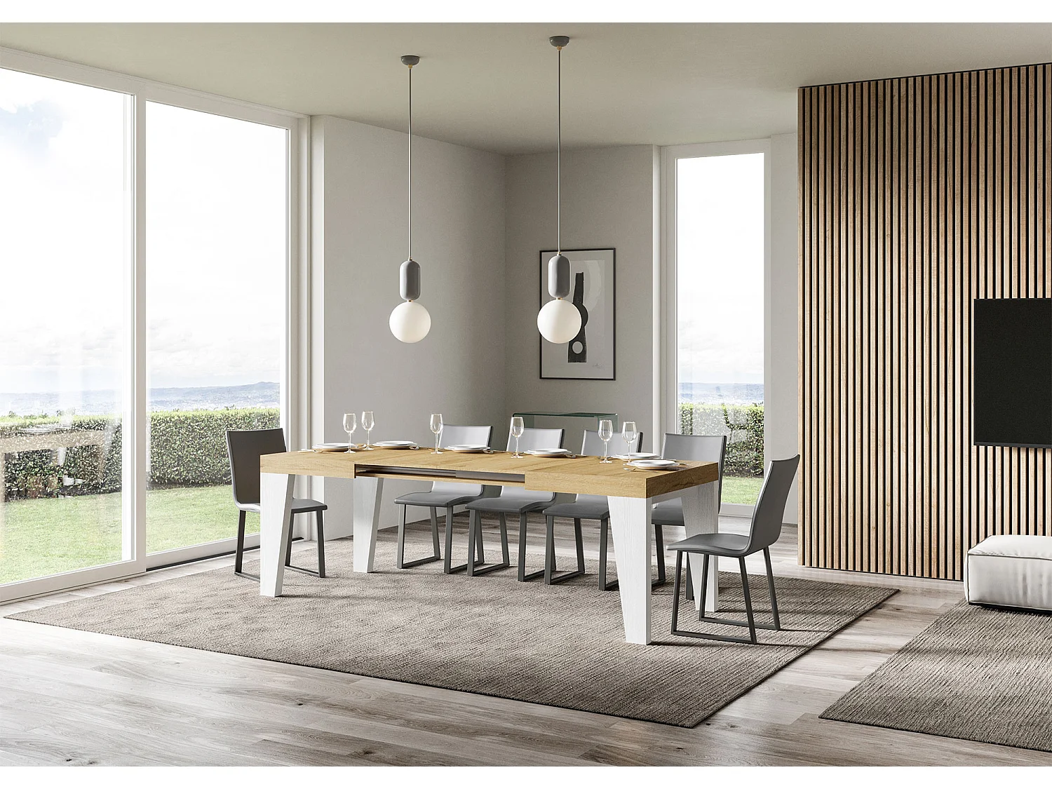 Stół rozkładany 90x130/390 cm Blat Naxy Mix Natural Dąb - Nogi Jesion Biały