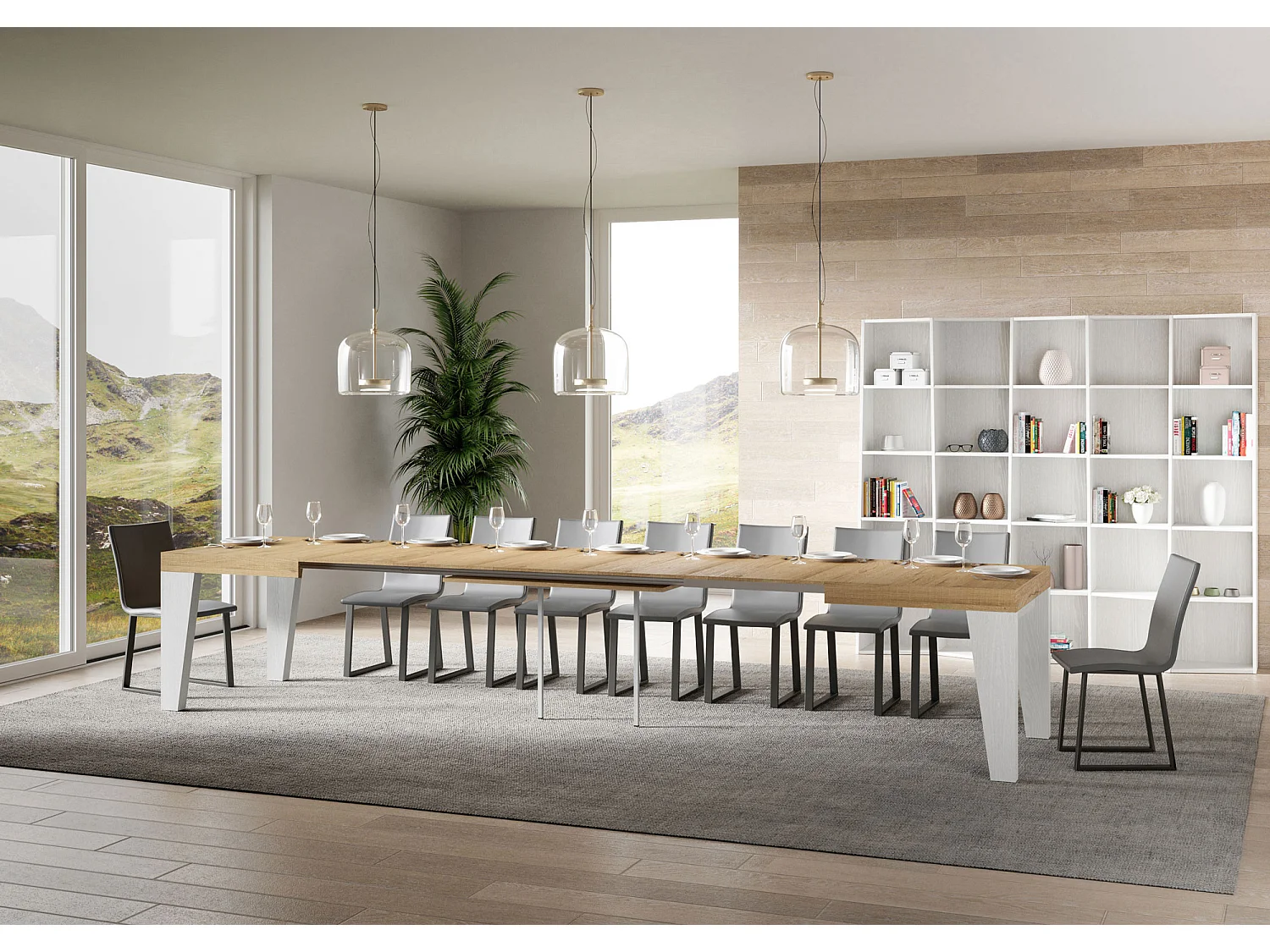 Stół rozkładany 90x130/390 cm Blat Naxy Mix Natural Dąb - Nogi Jesion Biały