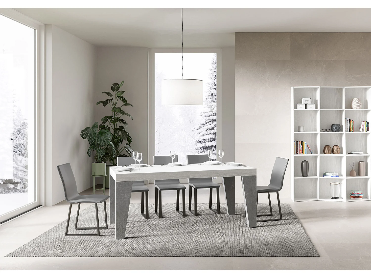 Mesa extensible 90x180/440 cm Naxy Mix Tapa fresno blanco - Patas cemento