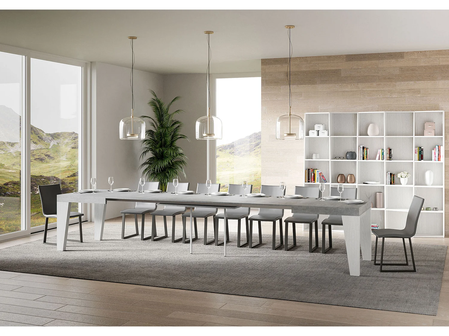 Tavolo allungabile 90x180/440 cm Naxy Mix piano Cemento - gambe Bianco Frassino