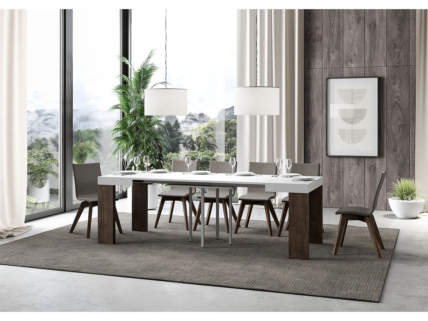 Tavolo allungabile 90x90/246 cm Roxell Mix piano Bianco Frassino - gambe Noce