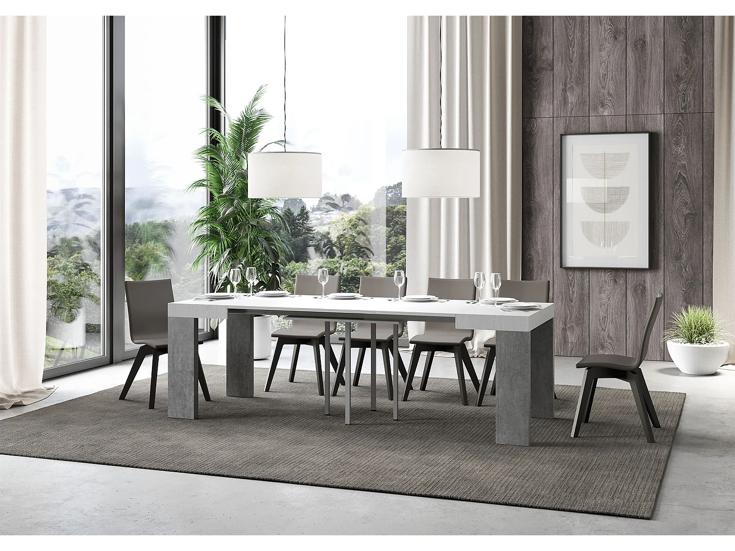 Tavolo allungabile 90x90/246 cm Roxell Mix piano Bianco Frassino - gambe Cemento