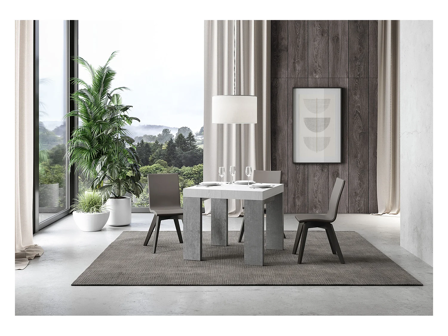 Mesa pequeña cuadrada extensible blanca y gris cemento 90 a 246 cm Ribo