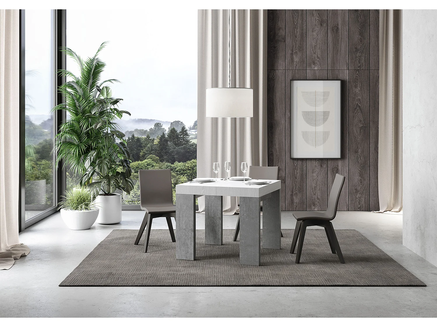 Kleine vierkante uitschuifbare witte en betongrijze tafel 90 tot 246 cm Ribo