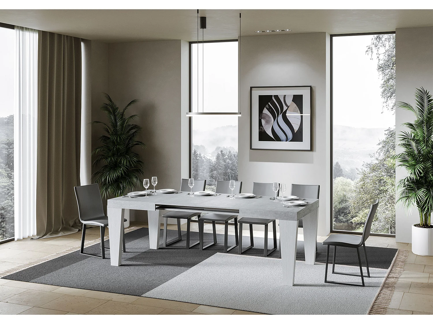 Stół rozkładany 90x130/390 cm Blat cementowy Spimbo Mix - Nogi z białego jesionu