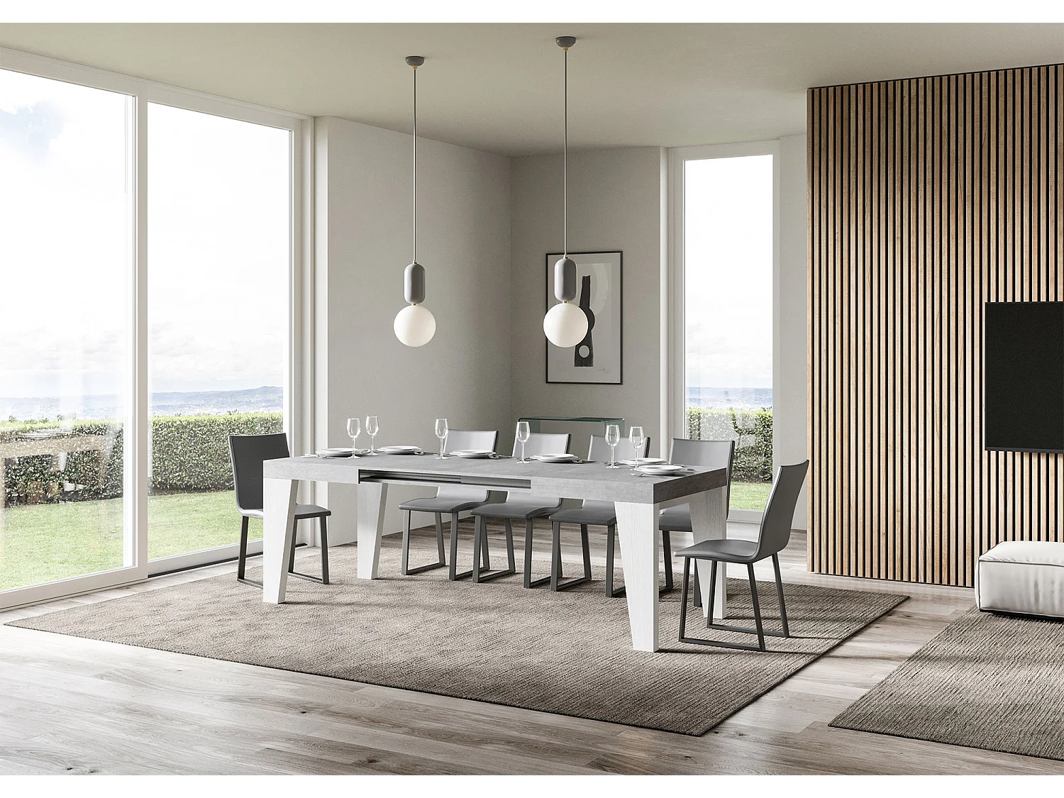 Stół rozkładany 90x130/390 cm Blat cementowy Naxy Mix - Nogi z białego jesionu