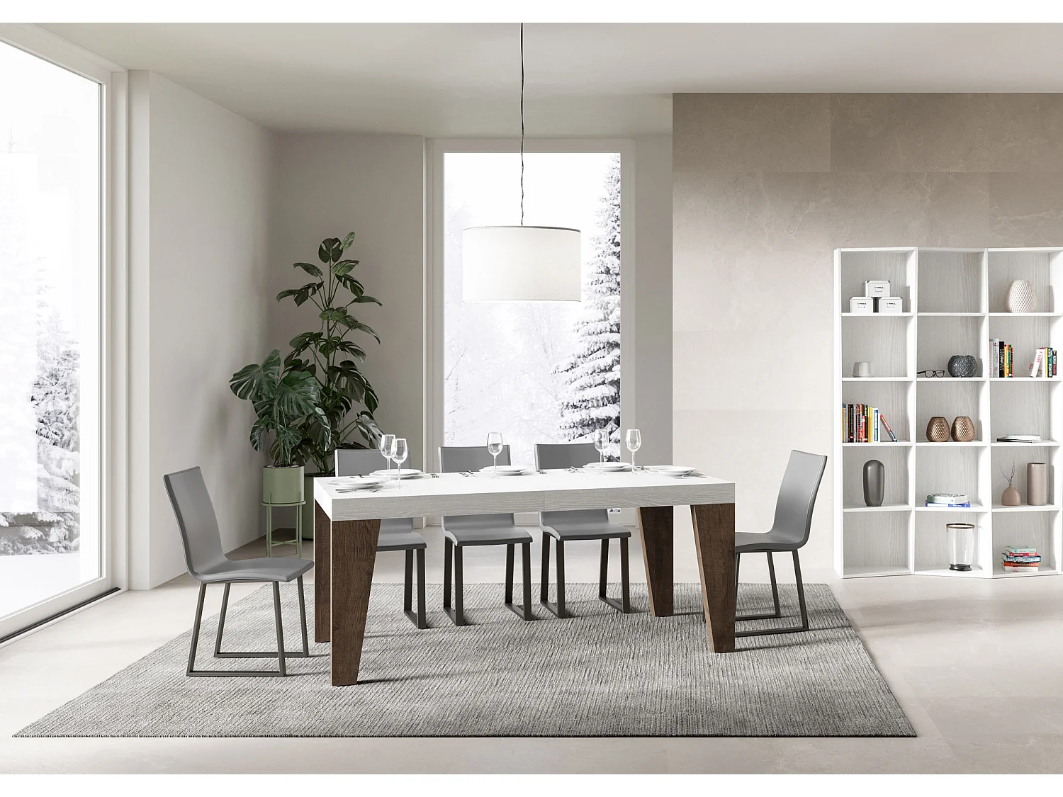 Table extensible 90x180/440 cm Naxy Mix dessus Frêne Blanc pieds Noyer
