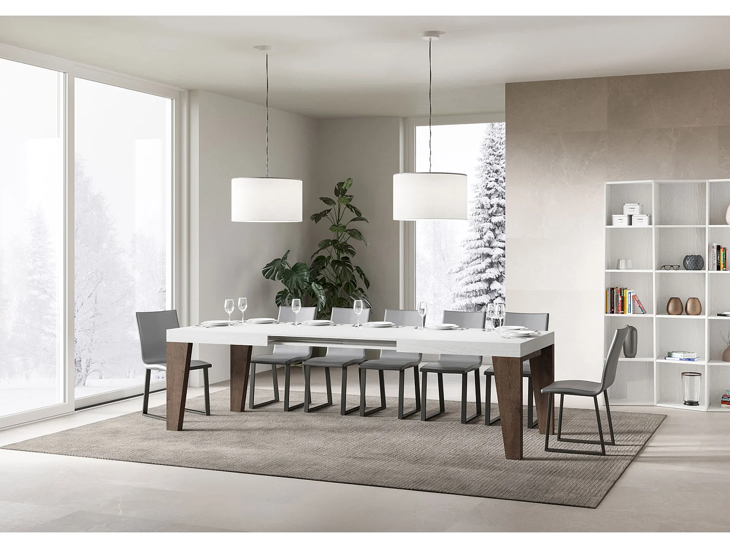 Table extensible 90x180/440 cm Naxy Mix dessus Frêne Blanc pieds Noyer