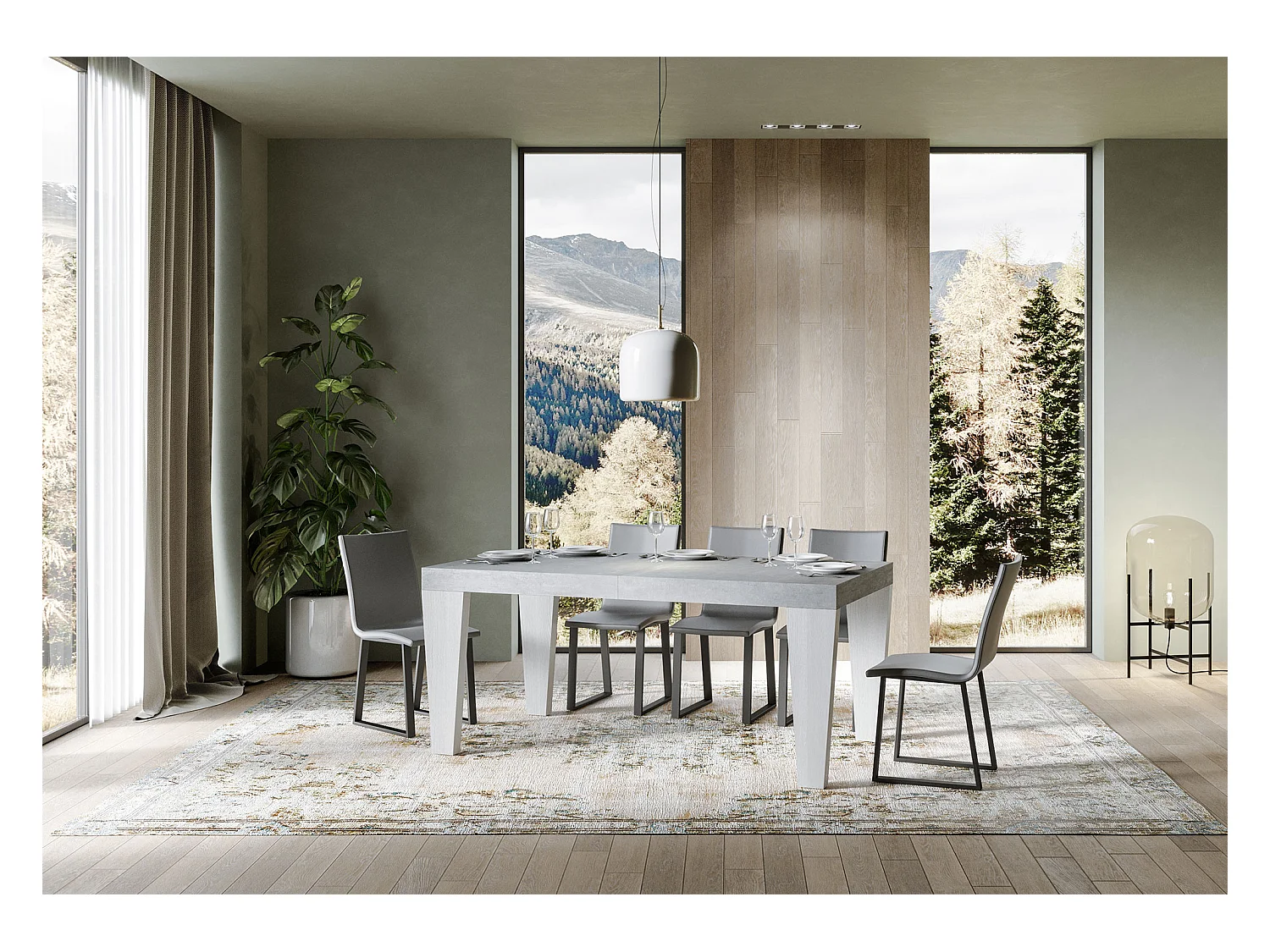 Ausziehbarer Tisch 90 x 180/284 cm, Tischplatte aus Spimbo Mix Cement – Beine aus weißer Esche