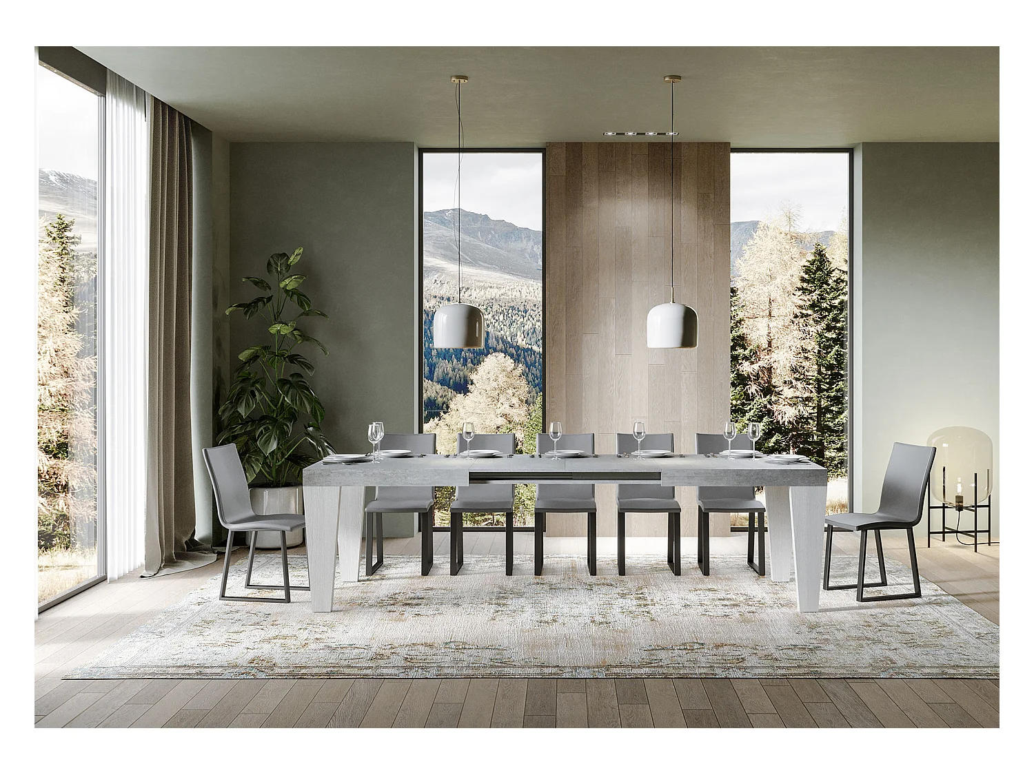 Ausziehbarer Tisch 90 x 180/284 cm, Tischplatte aus Spimbo Mix Cement – Beine aus weißer Esche