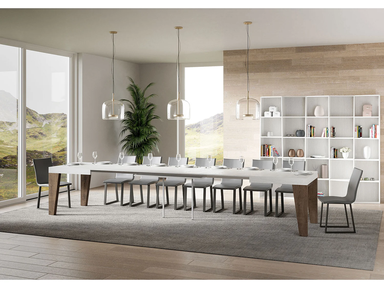 Ausziehbarer Tisch 90x160/420 cm Naxy Mix weiße Eschenplatte – Beine aus Walnussholz