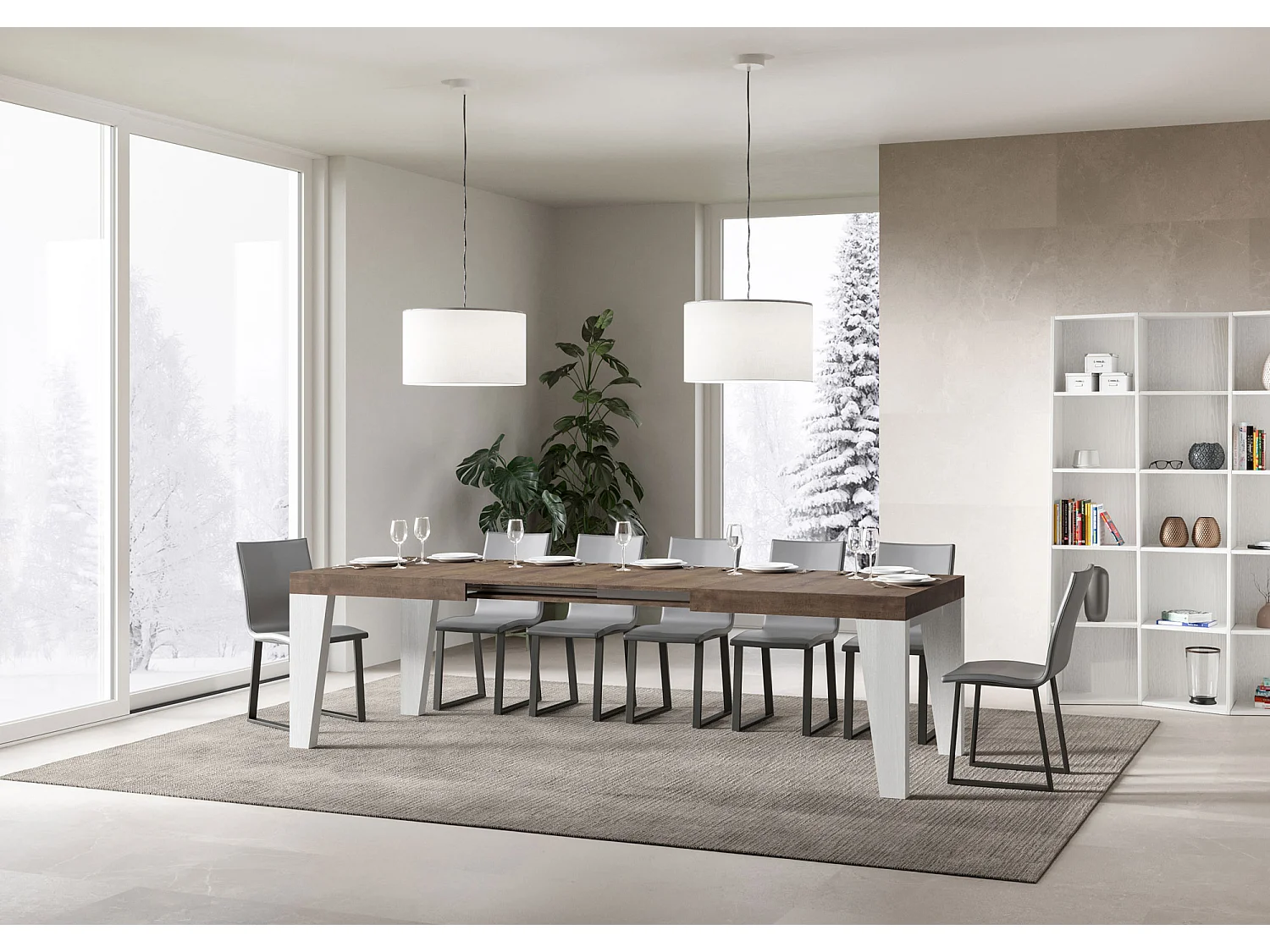 Tavolo allungabile 90x160/264 cm Naxy Mix piano Noce - gambe Bianco Frassino