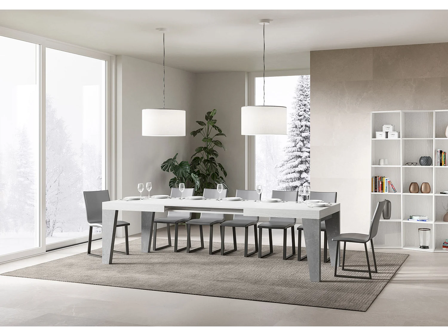 Mesa extensible 90x160/420 cm Naxy Mix Tapa fresno blanco - Patas cemento