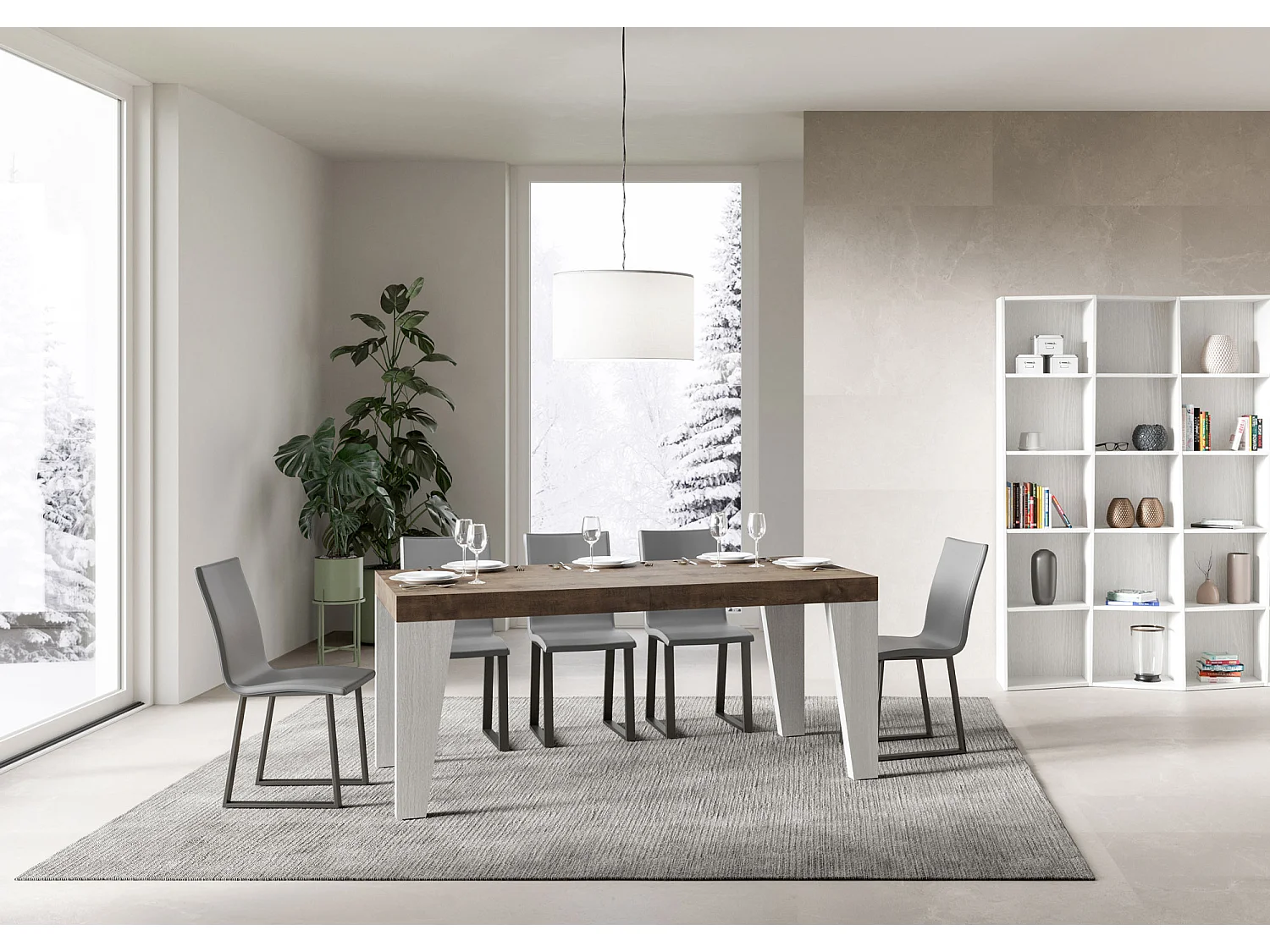 Mesa extensible 90x160/420 cm Tapa Naxy Mix Nogal - Patas Fresno Blanco