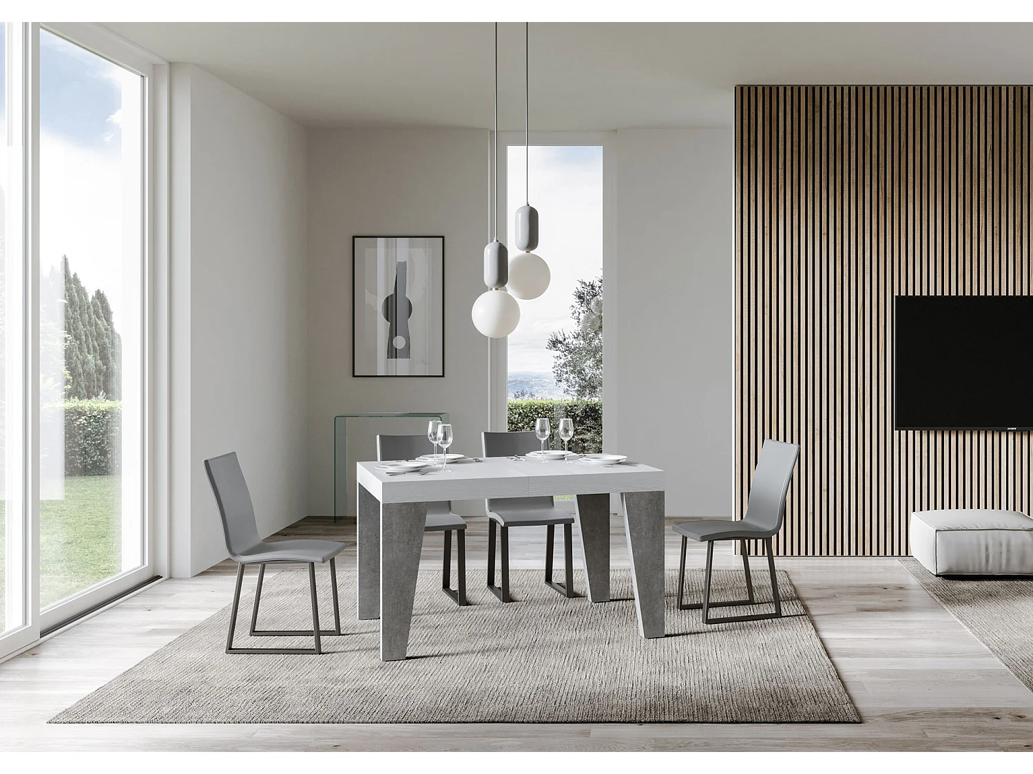 Mesa de jantar extensível 90x130/390 cm Naxy Mix plano Cinza Branca - pernas Cimento