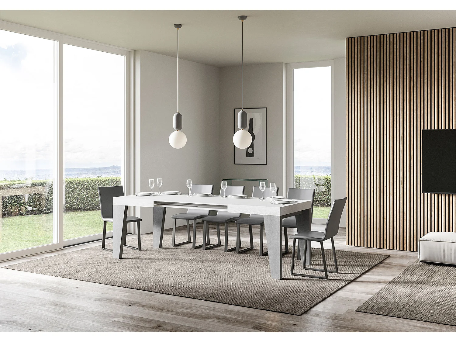 Mesa de jantar extensível 90x130/390 cm Naxy Mix plano Cinza Branca - pernas Cimento
